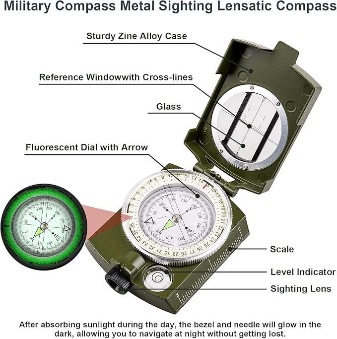 Compass Hiking Compass - Navigation, Pocket, Waterproof, Shockproof, Military - Hiking, Climbing, Biking, Exploring, Geology, Outdoor Activities