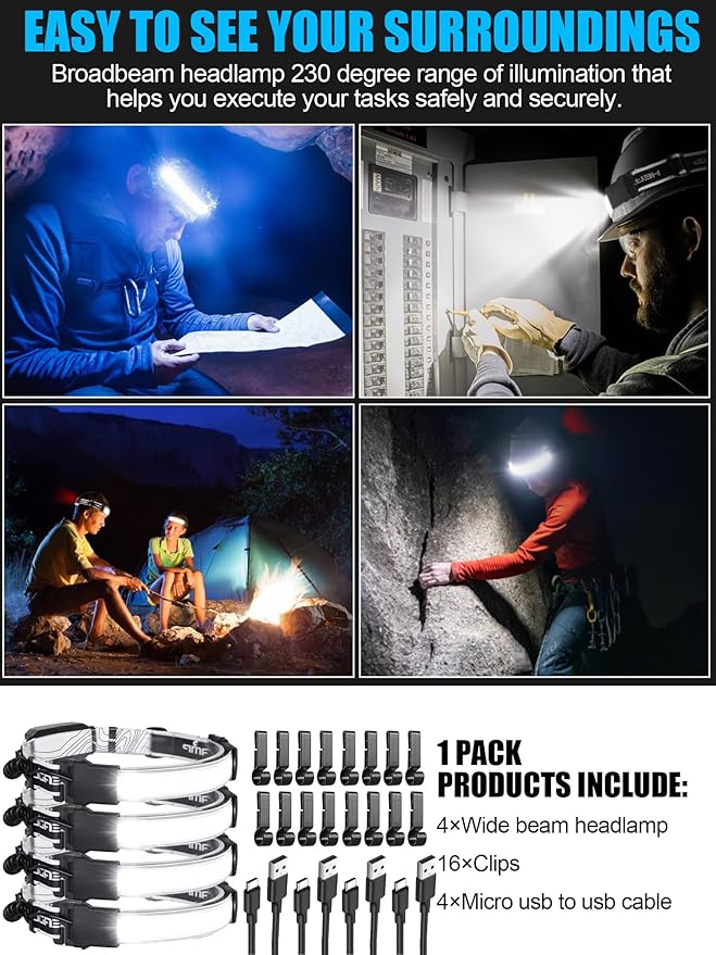 LED Headlamp Flashlight, 1000L 230° Broadbeam Headlight, USB C Rechargeable Head Lamp with Red Taillight, Lightweight Waterproof Headlamps for Camping Running Hiking, Hard Hat Headlamp 4Packs