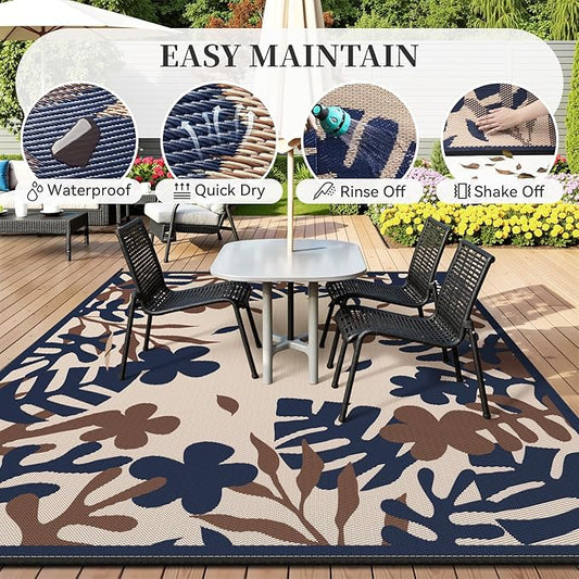 MontVoo Outdoor Rug Waterproof 8x10 ft RV Outdoor Rug for Camping Picnic Mat Outdoor Patio Rug Carpet Plastic Straw Reversible Floral Navy Orange