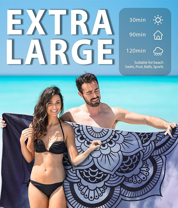 Microfiber Quick Dry Beach Towel – Lightweight Sand Free Oversized X-Large Towel Accessories Travel Must Have Swim Pool Yoga Camping Gear Summer Cruise Ship Compact Sandproof Item Gift Art Mandala