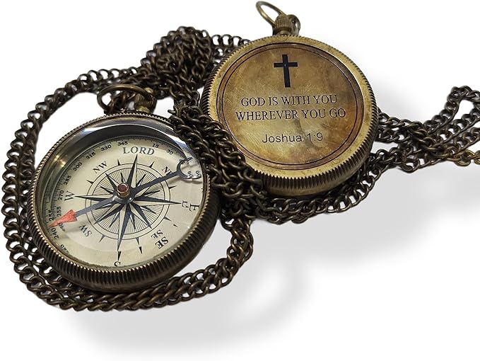 Brass Compass Unique Print 'GOD is with Yout' Engraved Compass with Leather Case and Chain A Great Gift Item for Your Loved Ones