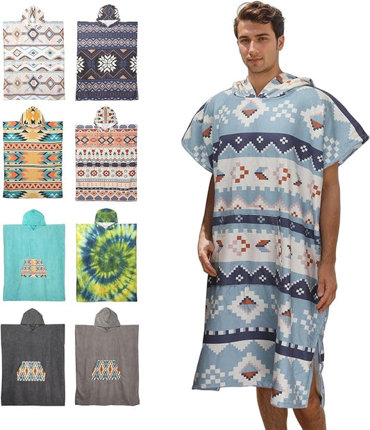 Rainleaf Surf Poncho Changing Towel Quick Dry Pool Swim Beach Towel with Hood and Front Pocket Warm and Soft Microfiber RobeTowel for Women and Men-Geometric Quarry