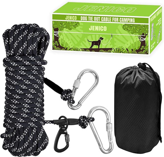 Dog Tie Out Cable for Camping - 50ft/70ft/100ft Portable Reflective Overhead Trolley System for Dogs up to 300lbs - Dog Lead for Yard Camping | Parks | Outdoor Events(Black)