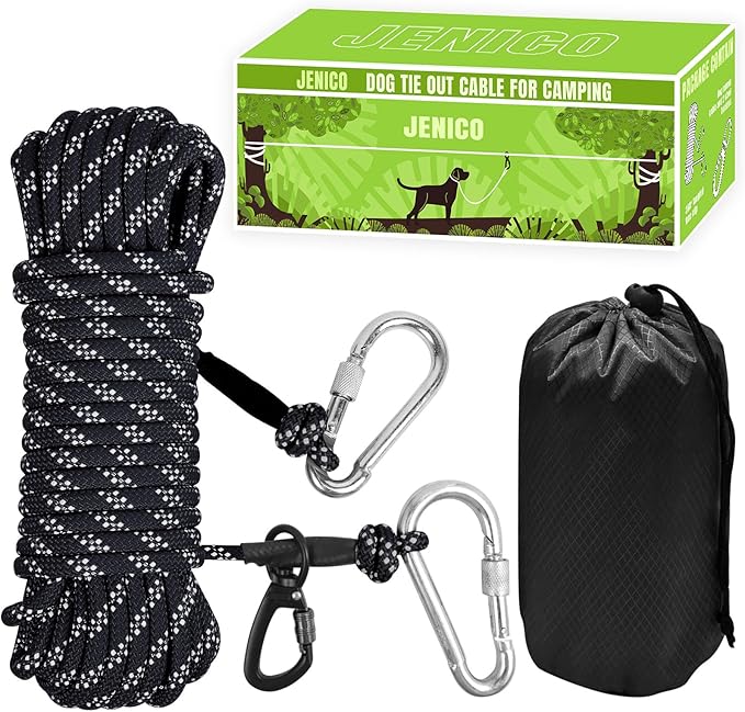 Dog Tie Out Cable for Camping - 50ft/70ft/100ft Portable Reflective Overhead Trolley System for Dogs up to 300lbs - Dog Lead for Yard Camping | Parks | Outdoor Events（Black）