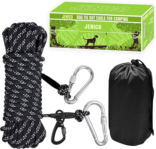 Dog Tie Out Cable for Camping - 50ft/70ft/100ft Portable Reflective Overhead Trolley System for Dogs up to 300lbs - Dog Lead for Yard Camping | Parks | Outdoor Events（Black）