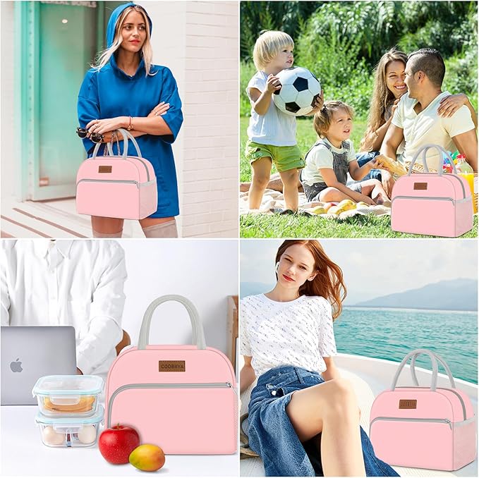 Coobiiya Lunch Bag for Women Men, Insulated Reusable Picnic Bag, 10.8"L x 6.3"W x 8.85"H, Pink