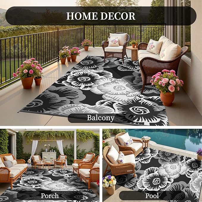 MontVoo Outdoor Rug-Waterproof Camping Rug Patio Rug Mat 6x9 ft Reversible Plastic Straw Outside Outdoor Rug for RV Camping Picnic Beach Balcony Backyard Pool Deck Porch Farmhouse Floral Black