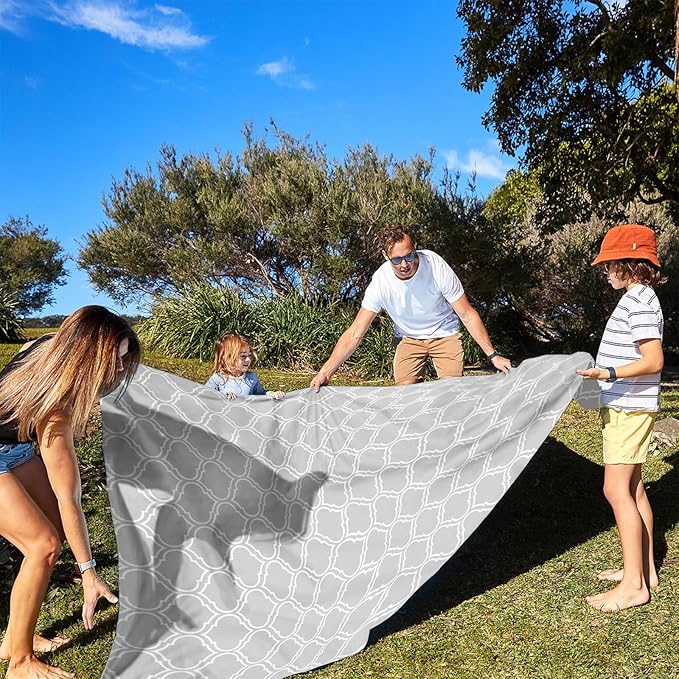 Waterproof Sandproof Beach Blanket, 110" X 118" Extra Large Beach Mat for 8 Adults, Foldable Lightweight Polyester Outdoor Picnic Blanket with 4 Stakes & 4 Corner Pockets for Travel, Camping, Hiking