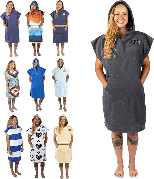 COR Surf Poncho Changing Towel Robe with Hood and Front Pocket | Thick Quick Dry Microfiber Wetsuit Poncho Towel for Surfing Beach Pool Swim (Gray - Medium)