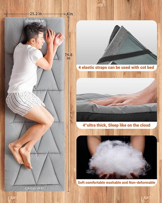KingCamp Cot Pad Topper for Camping, Soft Warm Non-Slip Cot Mattress, Comfortable Lightweight Sleeping Mat for Outdoor & Indoor, Picnic, Hiking, Backpacking, Yoga
