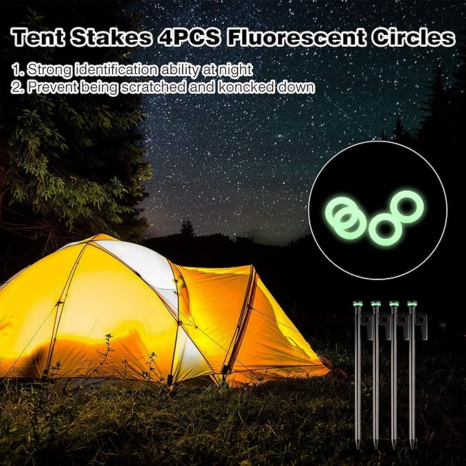 4 Pack Tent Stakes Heavy Duty Metal Tent Pegs with 10in Steel Tent Stakes+Fluorescent Silicone Rings+Special Bag for Camping Used on Rocks, Grassland (10in - 4 Pack)