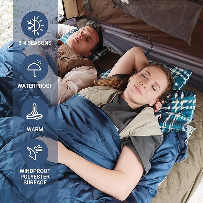 KingCamp Double Sleeping Bag for Adults, Queen Size 2 Person XXL Flannel Sleeping Bag, Waterproof Lightweight Flannel Quilt with 2 Pillows, Perfect for Couples Family Camping Hiking