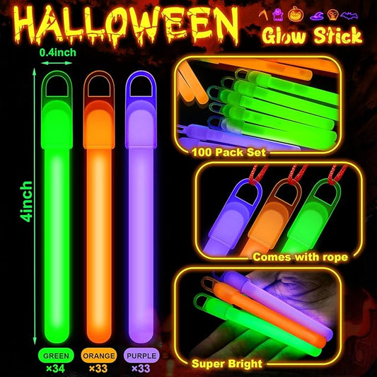 Lewtemi 100 Pack 4'' Halloween Glow Sticks Bulk Light Sticks with Lanyard Individually Wrapped Tactical Military Emergency Glow Stick Party Favors for Halloween, Camping, Hiking, Party