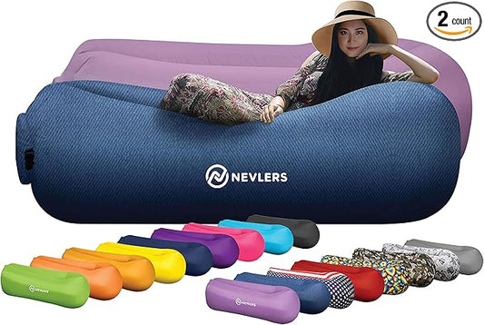 Nevlers 2 Pack Inflatable Loungers Air Sofa Couch | Perfect for Beach Chair Camping Chairs or Portable Hammock |Travel Bag Pouch, Pegs & 3 Pockets| Movie Seating & Camping Accessories Blow Up Lounger