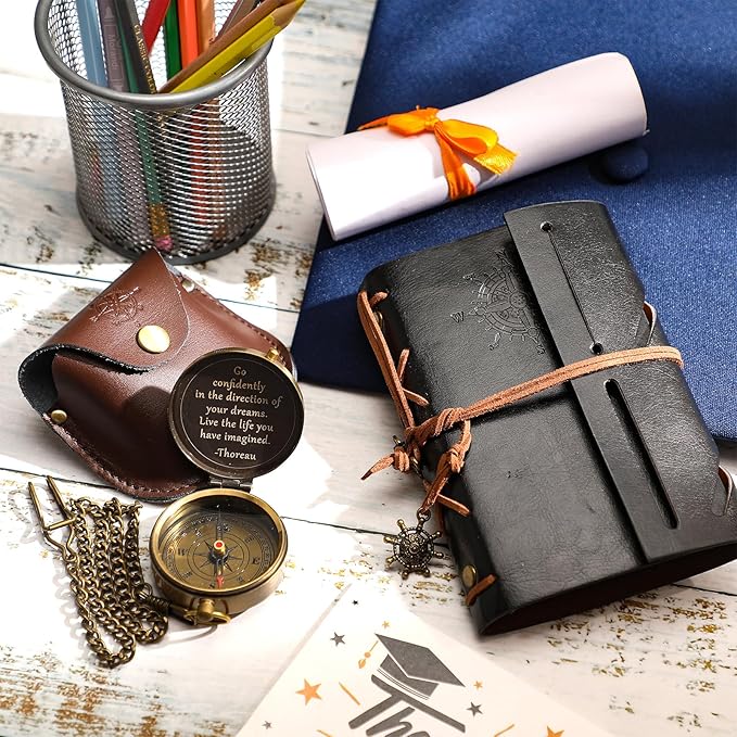 Kanayu 2 Pcs Compass Graduation Gift Compass with Stamped Leather Case and Leather Journal Notebook High School College Graduation Gifts for Him