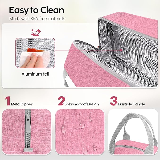 Lunch Bag Lunch Box for Women & Men, Large Capacity Insulated Lunch Bag for Adult, Leakproof Reusable Lunch Tote Bags for Work/Office/Travel/Picnic (Pink)