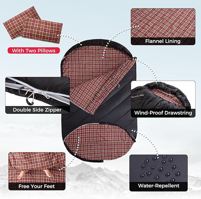 KingCamp Double Sleeping Bag for Adults, Queen Size 2 Person XXL Flannel Sleeping Bag, Waterproof Lightweight Flannel Quilt with 2 Pillows, Perfect for Couples Family Camping Hiking