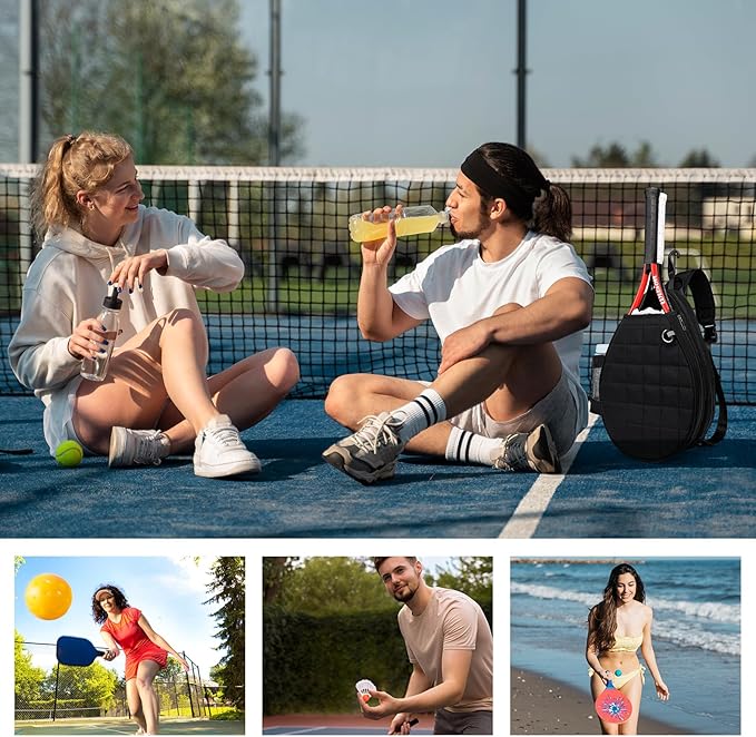 Pro Tennis Crossbody Sling Bag: Waterproof 2-Racket Quilted Pickleball Bag with Wet/Dry Compartment | Durable Unisex Design for Women, Men and Youth