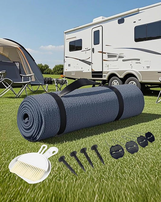 FoundGo Awning Carpet HDPE Camping Outdoor Rug with Eyelets,Nails,Broom,for RV,Patio,Backyard,Picnic,Beach,Trailer 8'*16' (2.44 * 4.88m)-Blue Grey