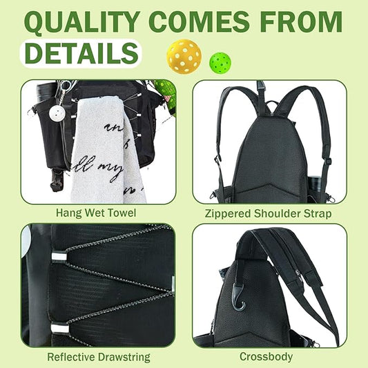 Pickleball Bag with Integrated Hook,18" x 10" Waterproof Pickleball Bags for Women for Men, Backpack & Crossbody Includes Pickleball Storage Bag and Keychain (Black)