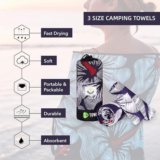 4Monster Camping Towels 3 Size at 1 Pack,Quick Dry Microfiber Towel,Beach Travel Towel Ultra Compact,Soft Gym Towel for Hiking Yoga Travel Sports Backpacking Trip and Pool
