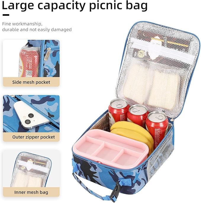 Lunch box Lunch bag for men women Insulated Lunchbox Lunch bags for Work Picnic Travel (Blue camo)
