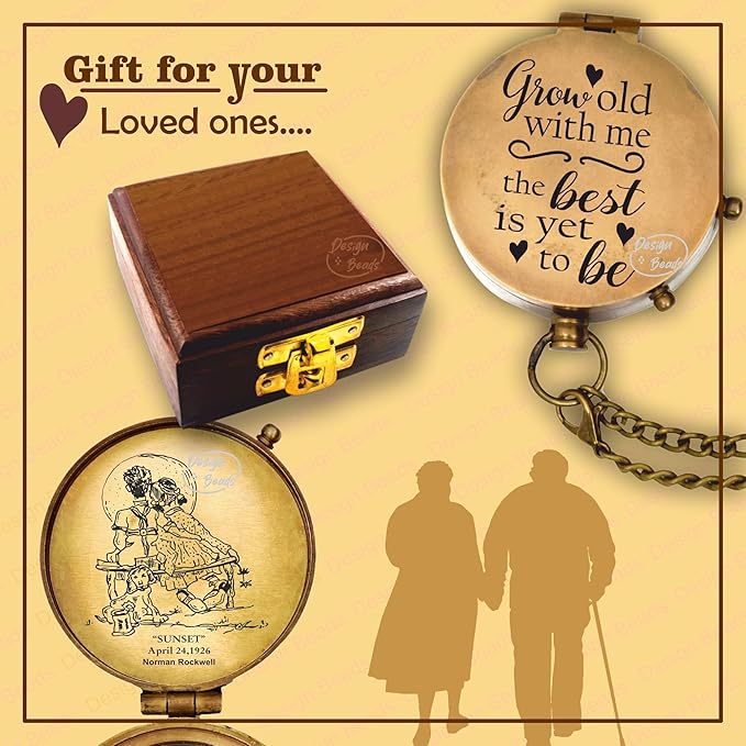 DB Grow Old Along with me Engraved Compass with Norman Rockwell Sunset Engraving, Anniversary Compass Gift for Him or Her Valentine Gift, Birthday, Long Distance, Love, Sorry