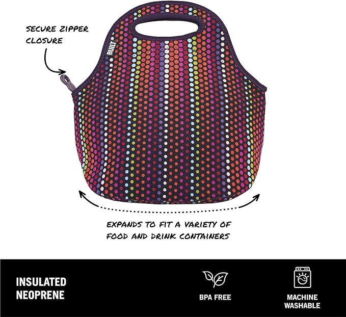 BUILT Gourmet Getaway Soft Neoprene Lunch Tote, Lightweight, Insulated, and Reusable, One Size, Micro Dots