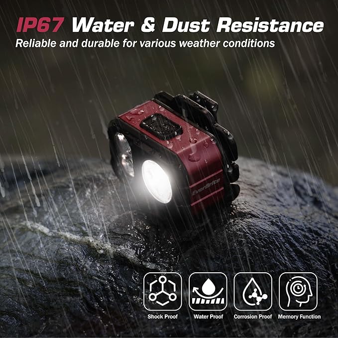 EverBrite Rechargeable LED Headlamp, Ultra-Light with Hat Clip, IP67 Waterproof, White/Red/Green Light, 7 Modes for Camping, Running and Backpacking-Purple