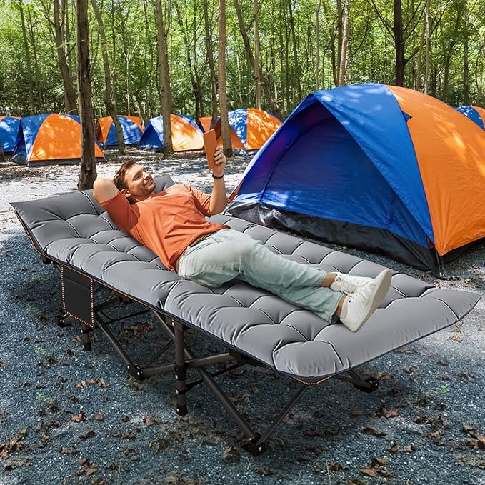 ABORON 2 Pack Folding Camping Cot W/Mat for Adults, Heavy Duty Outdoor Bed with Carry Bag,1200 D Layer Oxford Travel Camp Cots