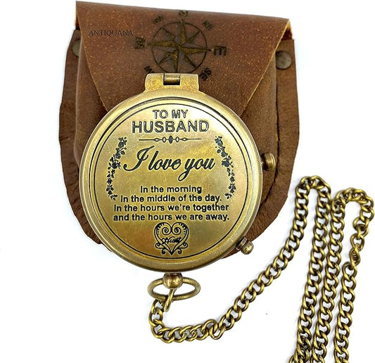Brass Compass Unique Print To My Husband Compass With Leather Case Antique Brass Compass With Chain A Great Gift Item For Your Loved Ones Hikers And Traveler By