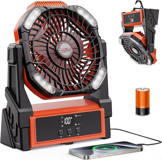 Portable Camping Fan, 20000mAh Rechargeable Battery Operated Fans with Lights, Outdoor Beach Tent Fan, 4 Speed, Adjustable Brightness for Picnic, Barbecue, Fishing, Office, Home
