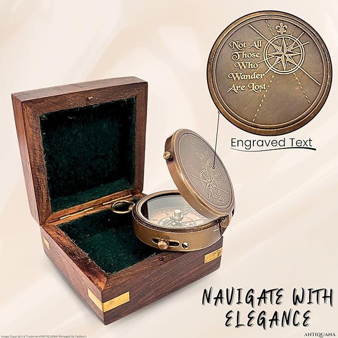 Authentic Antique Compass Presented in Artisan Wooden Box - A Treasure for Adventurers Navigate with Heritage and Class, 2 inch