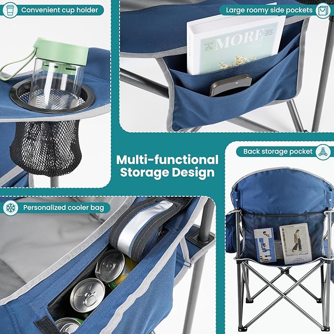 OLIXIS Heavy Duty Camping Chairs 450lbs Capacity Portable Folding Chair with Cup Holder and Cooler Bag,Sturdy Steel Frame Outdoor Chair for Backyard,Beach,Fishing