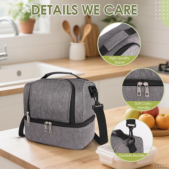 Lunch Box Lunch Bag for Women Men Reusable Insulated Lunch Bag Women Lunch Cooler Tote Bags with Adjustable Shoulder Strap for Office Work Picnic Travel, Light Gray
