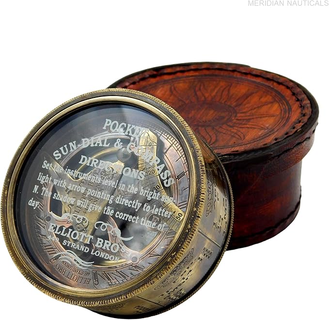 Brass Sundial Compass -Drum Sundial with Stamp Leather Box.Maritime Nautical Antiques Nautical Reproduction
