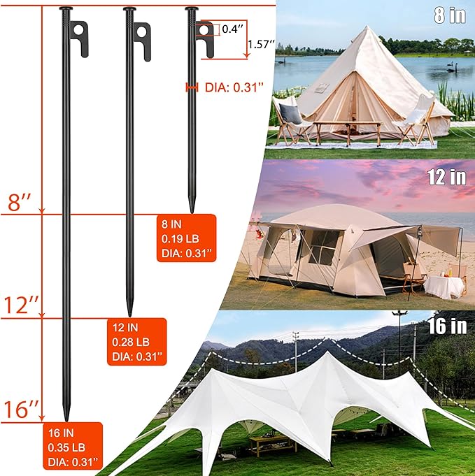 20 Pack 8 inch Tent Stakes Heavy Duty Metal Tent Pegs for Camping Steel Tent Pegs Unbreakable and Inflexible