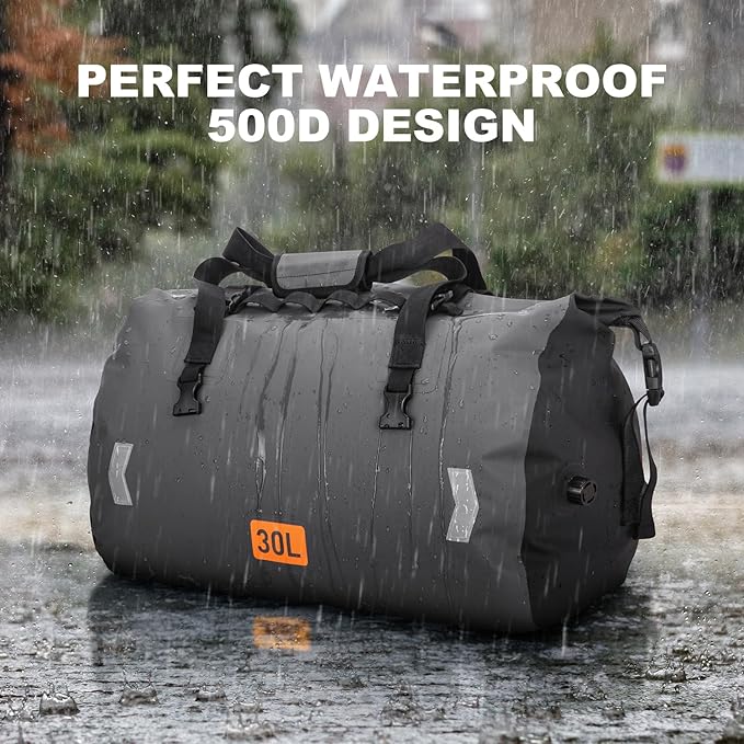Motorcycle Dry Bag, Waterproof Duffel Bag & Roll-top Dry Duffel Bag, Motorcycle Travel Luggage Bag with Air Valve & Quick-fixed Straps For Rafting, Boating,Kayaking, Travel, Grey, 30L