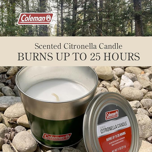 Coleman Outdoor Citronella Candle, Decorative Tin Candle for Patio, Backyard, Outdoor, Camping Candle, Tin Candle with Cover, Up to 25 Hours Burn time, 11oz