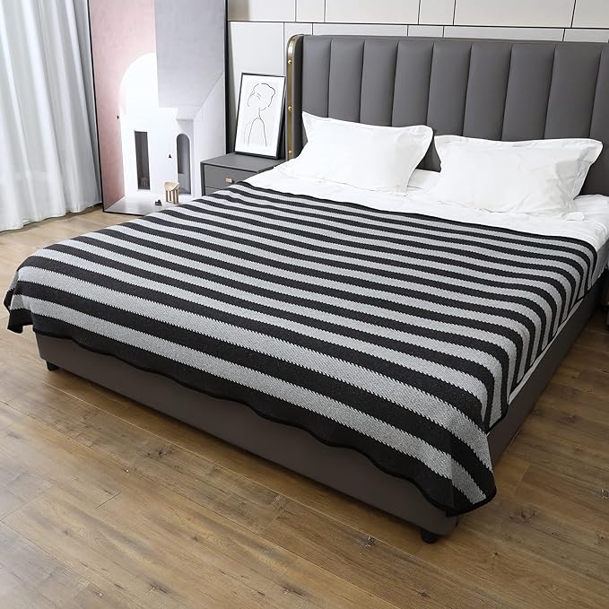 PuTian Merino Wool Blanket - 87" x 63" Thick Warm Soft Large Bed Throw - Great for Camping, Outdoors, Travel, Car, Couch, All Seasons Grey Stripe