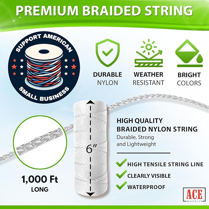 Bright White Mason Line String Line - #18 Braided Nylon String - 1,000 Ft Length - Nylon Twine for Gardening Or Masonry Tools - Construction String for String Level, Twine String for Gardening