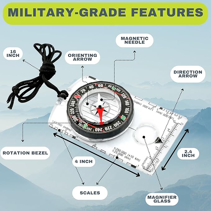 Pack of 2 Orienteering Compass Hiking-Compasses boy Scout Kids- Magnetic Gear Set Navigation map- Brujulas orientacion-Backpacking Camping Hunting Survival.