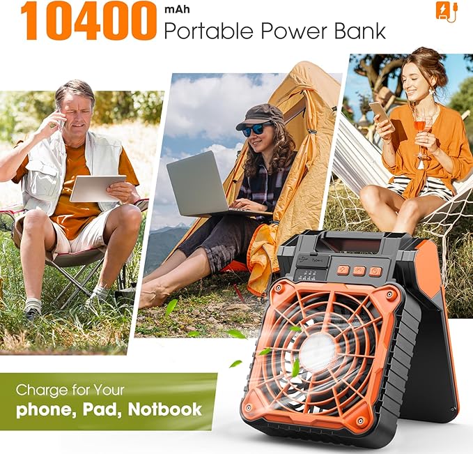 Solar Camping Fan with LED Lantern,10400mAh Rechargeable Battery Powered with Solar Panel, Perfect Quiet Battery Operated Tent Fan for Picnic, Barbecue, Fishing, Travel