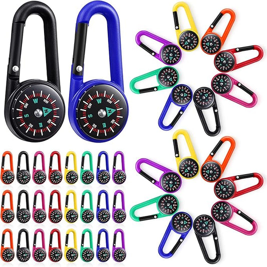 TOODOO 32 Pcs Compass Keychain for Kids Adventure Camping Small Keychain Belt Clips With Holes Compass Metal Buckle Keychain Outdoor Camping Party Favors