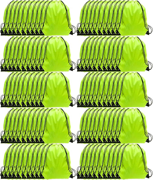 GoodtoU Drawstring Backpacks, 100 Pieces Drawstring Bags Nylon Backpack for Sport, Traveling, Team (Fluorescent Green)