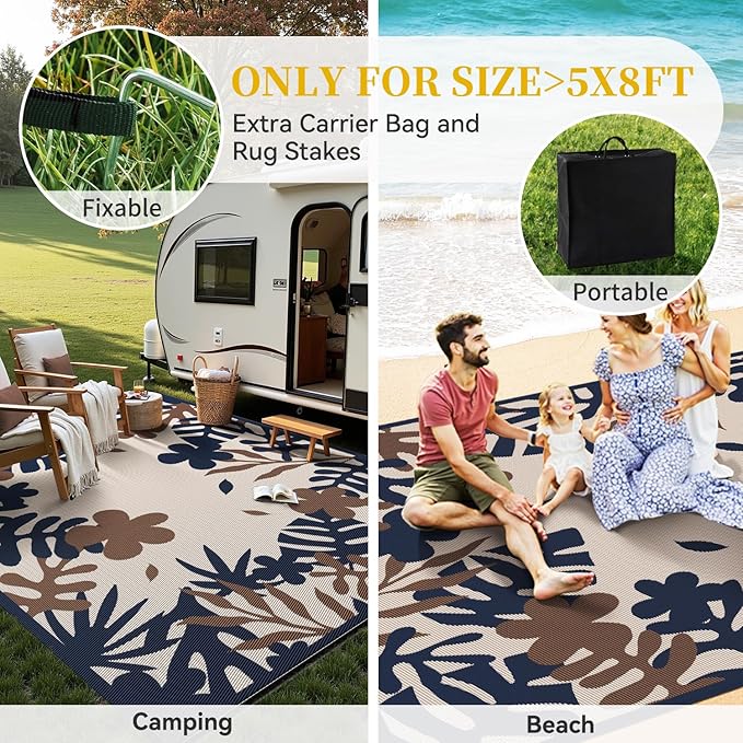 MontVoo Outdoor Rug Waterproof 8x10 ft RV Outdoor Rug for Camping Picnic Mat Outdoor Patio Rug Carpet Plastic Straw Reversible Floral Navy Orange