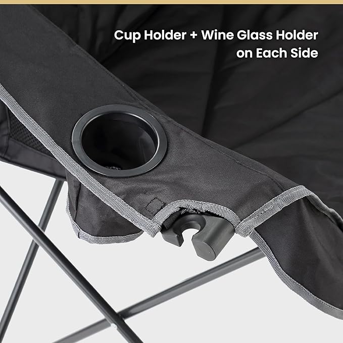 ARROWHEAD OUTDOOR Portable Folding Double Duo Camping Chair Loveseat w/ 2 Cup & Wine Glass Holder, Heavy-Duty Carrying Bag, Padded Seats & Armrests, Supports up to 500lbs, Charcoal Black, USA-Support