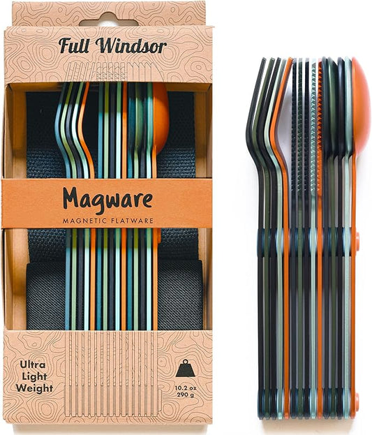 FULL WINDSOR - MAGWARE Magnetic Stainless Steel Kitchen Utensils Set - Travel Utensils for Camping, Cooking, and Outdoor Dining - Knife, Fork & Spoon - Compact Camping Cutlery - Multicolor (15 PCS)