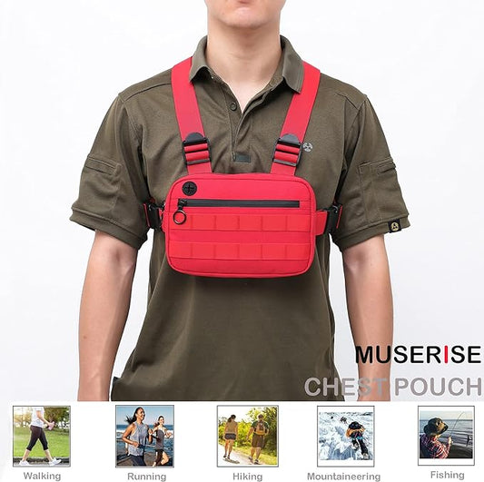 Outdoor Sports Utility Chest Pack，Tactical EDC Chest Bag For Men, Lightweight Conceal Chest Pouch Holster, Chest Rig Vest With Built-In Phone Holder For Workouts, Cycling & Hiking (Red)