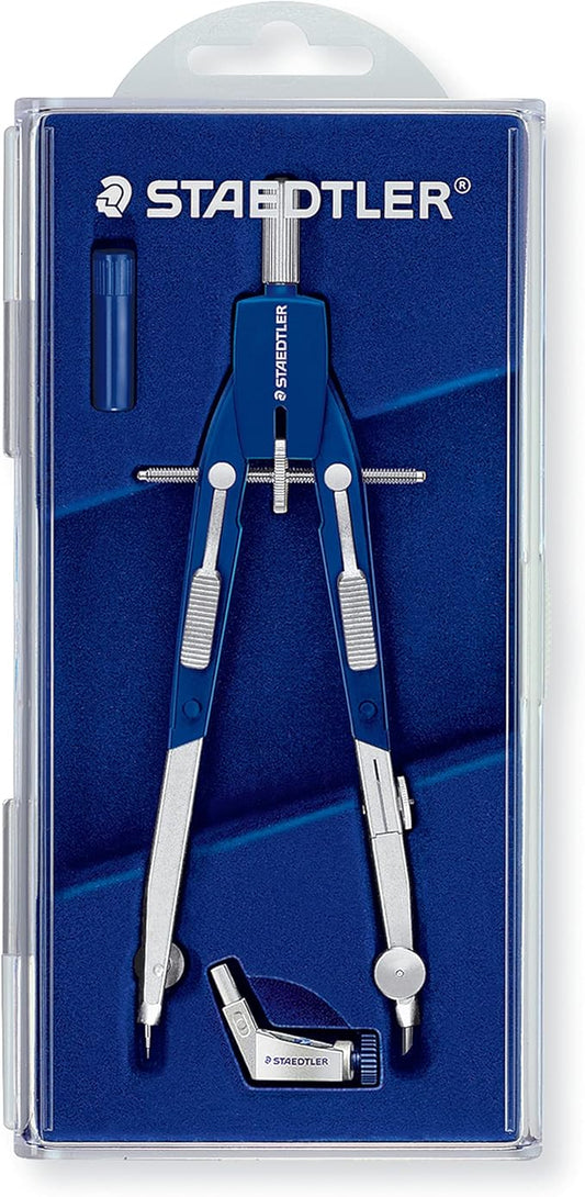STAEDTLER Comfort Metal Quick Setting 6" Compass 2 Piece Set: Universal Adapter, Push-Button Mechanism & Extra Leads - Draws Circles up to 350mm